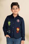 Buy_LITTLE BOYS CLOSET_Blue Cotton Satin Embroidery Superhero Motifs Shirt _at_Aza_Fashions