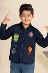 Shop_LITTLE BOYS CLOSET_Blue Cotton Satin Embroidery Superhero Motifs Shirt _at_Aza_Fashions