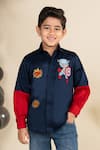 Shop_LITTLE BOYS CLOSET_Blue Cotton Satin Embroidery Superhero Color Block Shirt _at_Aza_Fashions