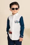 LITTLE BOYS CLOSET_White Cotton Satin Embroidery Car Color Block Shirt _at_Aza_Fashions