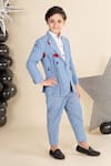 Shop_LITTLE BOYS CLOSET_Blue Linen Suiting Embroidery Floral Blazer And Pant Set _at_Aza_Fashions