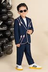 Shop_LITTLE BOYS CLOSET_Blue Suiting Polyester Embroidery Aeroplane Yoke Blazer With Pant 