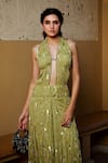 Buy_Moledro_Green Fluid Organza Embroidery Beads Jumpsuit Tarz Crystal Draped With Balzer 