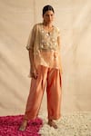 Buy_Neitri_Beige Silk Tissue Embroidered Thread Notched Lavanya Yoke Top With Pant _at_Aza_Fashions