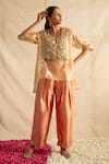 Buy_Neitri_Beige Silk Tissue Embroidered Thread Notched Lavanya Yoke Top With Pant _Online_at_Aza_Fashions