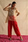 Buy_Neitri_Beige Silk Tissue Embroidered Thread Notched Lavanya Floral Yoke Top With Pant _at_Aza_Fashions