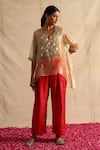 Shop_Neitri_Beige Silk Tissue Embroidered Thread Notched Lavanya Floral Yoke Top With Pant _at_Aza_Fashions