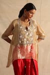 Neitri_Beige Silk Tissue Embroidered Thread Notched Lavanya Floral Yoke Top With Pant _Online_at_Aza_Fashions