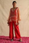 Buy_Neitri_Red Silk Tissue Embroidered Thread V-neck Mugdha Sheer Top With Pant _at_Aza_Fashions