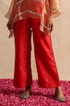 Neitri_Red Silk Tissue Embroidered Thread V-neck Mugdha Sheer Top With Pant _Online_at_Aza_Fashions