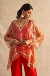 Buy_Neitri_Red Silk Tissue Embroidered Thread V-neck Mugdha Sheer Top With Pant _Online_at_Aza_Fashions