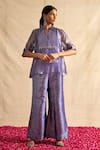 Buy_Neitri_Blue Silk Tissue Embroidered Beads Collar Samaira Brocade Yoke Top With Pant _at_Aza_Fashions