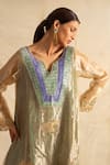 Shop_Neitri_Green Silk Tissue Embroidered Thread Notched Tarini Floral Kurta With Pant _at_Aza_Fashions