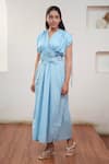 Buy_OurDve_Blue Cotton V Neck Gathered Yoke Midi Dress _Online_at_Aza_Fashions