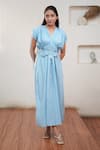 Shop_OurDve_Blue Cotton V Neck Gathered Yoke Midi Dress _Online_at_Aza_Fashions