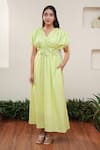 Buy_OurDve_Green Cotton V Neck Gathered Yoke Drawstring Midi Dress _at_Aza_Fashions