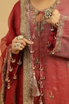 Siyona by Ankurita_Red Tissue Embroidery Zari Keyhole Round Gehra Lal Chand Bahar Kurta Pant Set _at_Aza_Fashions