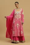 Buy_Siyona by Ankurita_Pink Tissue Embroidery Zari Semi V Neck Rosa Vine Kurta Sharara Set _at_Aza_Fashions