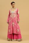 Siyona by Ankurita_Pink Tissue Embroidery Zari Semi V Neck Rosa Vine Kurta Sharara Set _Online_at_Aza_Fashions