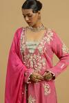 Siyona by Ankurita_Pink Tissue Embroidery Zari Semi V Neck Rosa Vine Kurta Sharara Set _at_Aza_Fashions