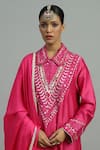 Siyona by Ankurita_Pink Pure Chanderi Embroidery Thread Collar Neck Divine Bloom Kurta Pant Set _at_Aza_Fashions