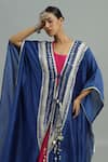 Siyona by Ankurita_Blue Pure Chanderi Silk Embroidery Lace V Neck Neel Kamal And Mirror Kaftan Set _at_Aza_Fashions