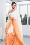 Masumi Mewawalla x AZA_Beige Natural Crepe Embroidered Linear Sunset Ombre Pre-draped Saree With Blouse 