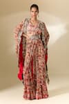 Buy_Anamika Khanna_Red Printed Floral Blouse U Neck Cape Sharara Set _at_Aza_Fashions