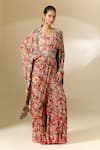 Buy_Anamika Khanna_Red Printed Floral Blouse U Neck Cape Sharara Set 