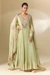 Anamika Khanna_Green Embroidered V Neck Anarkali Set _at_Aza_Fashions