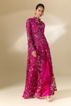 Anamika Khanna_Fuchsia Embroidered Coat Mandarin Long Skirt Set _Online_at_Aza_Fashions