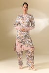 Shop_Anamika Khanna_Pink Printed Floral Closed Neck Tunic And Pant Co-ord Set 