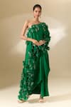 Buy_Anamika Khanna_Emerald Green Embroidered 3d Floral One Shoulder Cape And Draped Skirt Set _at_Aza_Fashions