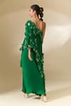 Shop_Anamika Khanna_Emerald Green Embroidered 3d Floral One Shoulder Cape And Draped Skirt Set _at_Aza_Fashions