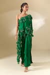 Anamika Khanna_Emerald Green Embroidered 3d Floral One Shoulder Cape And Draped Skirt Set _at_Aza_Fashions