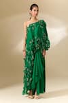 Buy_Anamika Khanna_Emerald Green Embroidered 3d Floral One Shoulder Cape And Draped Skirt Set 