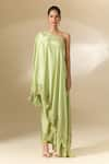 Buy_Anamika Khanna_Green Embroidered 3d Floral Patterns Placed Cape Tunic And Draped Skirt Set 