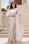 Buy_Samyukta Singhania_Beige Tissue Embroidery Stone V Neck Saree With Blouse _at_Aza_Fashions