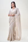 Buy_Samyukta Singhania_Beige Tissue Embroidery Stone V Neck Saree With Blouse 