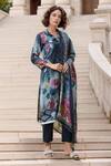 Buy_Samyukta Singhania_Grey Silk Blend Printed Blossom V Neck Kurta Set _at_Aza_Fashions