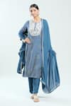 Buy_Samyukta Singhania_Blue Kurta Satin Silk Print Bandhani Round Floral Embroidered Yoke And Pant Set 