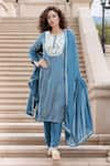 Buy_Samyukta Singhania_Blue Kurta Satin Silk Print Bandhani Round Floral Embroidered Yoke And Pant Set _at_Aza_Fashions