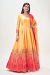 Shop_Samyukta Singhania_Yellow Doll Silk Print Floral V Neck Ombre Anarkali With Dupatta 