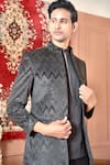 Shop_The House Of Diwans_Black Blazer Velvet Woven Chevron Bandhgala Set _at_Aza_Fashions