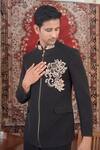 Shop_The House Of Diwans_Black Japanese Suiting Embroidery Cutdana Floral Placement Bandhgala Set _at_Aza_Fashions