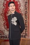 Shop_The House Of Diwans_Black Japanese Suiting Embroidery Cutdana Floral Placement Bandhgala Set _Online_at_Aza_Fashions