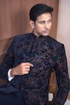 Buy_The House Of Diwans_Blue Blazer Velvet Embroidery Thread Floral Bandhgala Set _Online_at_Aza_Fashions