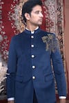 Shop_The House Of Diwans_Blue Blazer Velvet Embroidery Cutdana Bandhgala Set _Online_at_Aza_Fashions