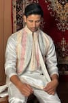 Shop_The House Of Diwans_Cream Polyester Embroidery Thread Stripe Bundi And Kurta Set _at_Aza_Fashions