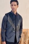 Shop_The House Of Diwans_Black Bundi Velvet Embroidery Cutdana Bird And Shirt Set _at_Aza_Fashions